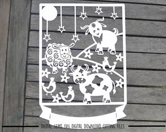 Farm paper cut svg / dxf / eps files and pdf / png printable templates for hand cutting. Digital download. Small commercial use ok.