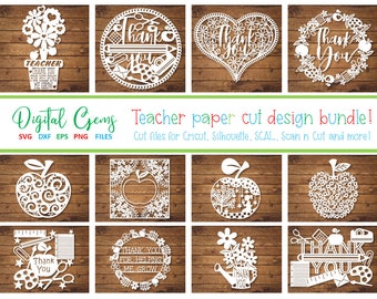 Teacher paper cut design bundle. svg / dxf / eps / png files and pdf / png printable templates for hand cutting. Digital download.
