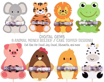 Money card or cake topper SVG | 8 animal designs. Digital download. Works with Cricut Joy / Explore / Maker and more!
