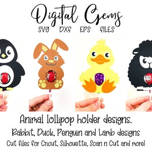 Lollipop holder designs, Penguin, Rabbit, Duck and Lamb. svg / dxf / eps files. Digital download. Works with Silhouette, Cricut & Scan n Cut