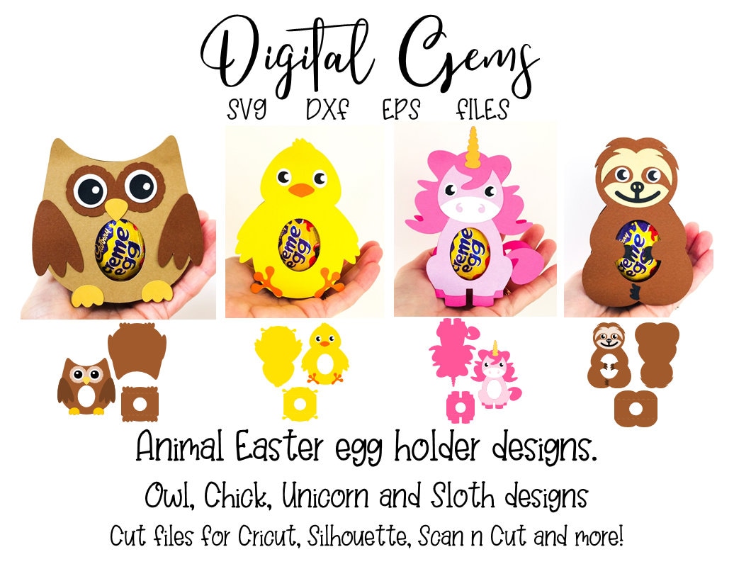 Owl, Chick, Unicorn and Sloth egg holder designs. svg / dxf / eps files. Digital download. Works wit