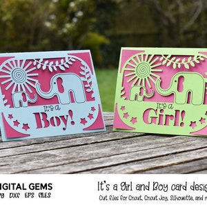 Es ist ein Junge und es ist ein Mädchen, Elefanttwürfe. Cricut Joy Kartendesign. svg/dxf/eps-Dateien. Digitaler Download.