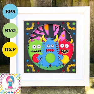 Monster, Cute Halloween cartoon 3D Layered paper design, shadowbox, pliki svg shadow box. Pobieranie cyfrowe. Silhouette, Cricut, Scan n Cut.
