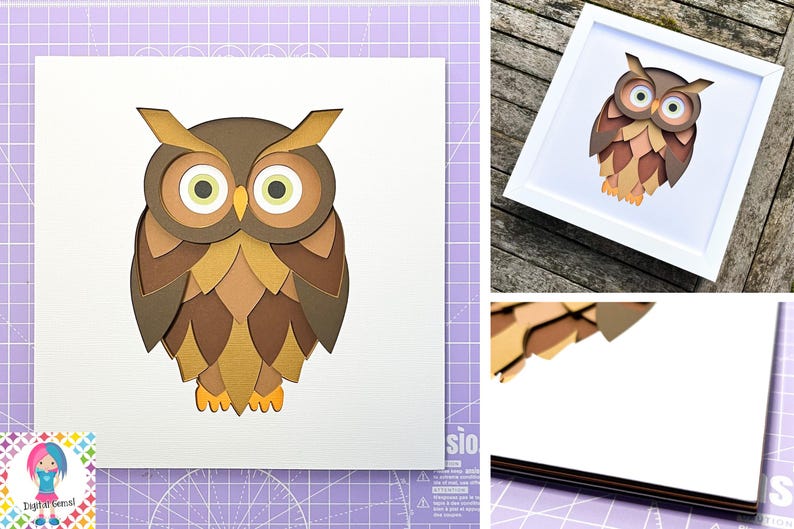 May include: A brown and gold paper owl with large eyes, framed in a white frame. The owl is layered and appears three-dimensional.