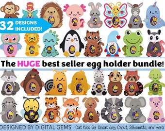Paquete enorme de porta huevos con archivos SVG y 32 diseños incluidos: lobo, panda rojo, gato, erizo, tortuga, ajolote, gnomo y más. Descarga digital.