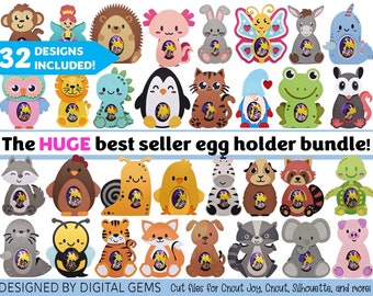 Huge Egg holder bundle SVG files | 32 designs included! Wolf, Red Panda, Cat, Hedgehog, Turtle, Axolotl, Gnome & more! Digital download.