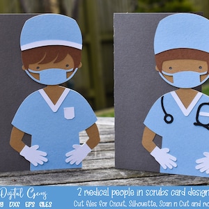 Personnel médical en blouse. Modèles de carte de médecin/infirmière, fichiers svg/dxf/eps. Téléchargement numérique. Fonctionne avec Silhouette, Cricut, etc.