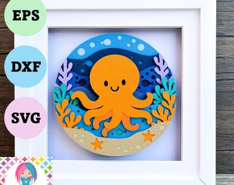 Octopus 3D Layered Paper Shadow Box Design (Digital Download)