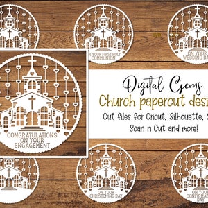 Pacchetto di design per il taglio della carta della chiesa. File svg / dxf / eps / png e modelli stampabili per il taglio a mano. Download digitale.