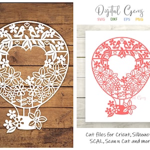 Hot air balloon paper cut design svg / dxf / eps / png files and pdf / png printable templates for hand cutting. Digital download.