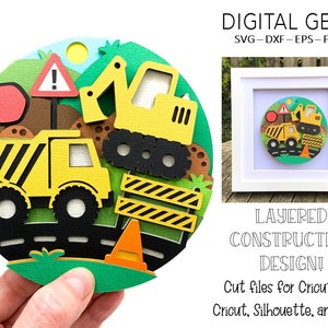 Pode incluir: Um design de construção em papel em camadas com um caminhão basculante amarelo, uma escavadeira, sinais de trânsito e um cone de trânsito. O design é circular e inclui o texto "DIGITAL GEMS" e "LAYERED CONSTRUCTION DESIGN!"