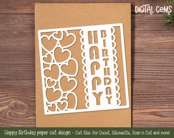 Happy Birthday paper cut design. svg / dxf / eps / png files and pdf print out template for hand cutting. Digital download.