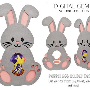 May include: A gray bunny rabbit egg holder design with pink ears and paws. The bunny is holding a chocolate egg in its paws. The design is for Cricut Joy, Cricut, Silhouette, and more.