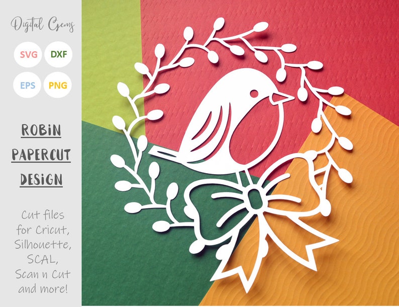 Christmas robin paper cut svg / dxf / eps / files and pdf / png printable templates for hand cutting. Digital download. Commercial use ok image 1