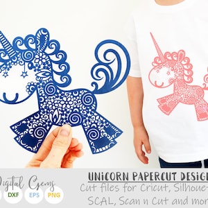K&ouml;nnte beinhalten: Ein digitales Papier-Schnittmuster eines blauen Einhorns mit filigranen Details. Das Design ist perfekt f&uuml;r die Verwendung mit einer Cricut, Silhouette oder anderen Schneidemaschinen. Das Design beinhaltet SVG-, DXF-, EPS- und PNG-Dateien.