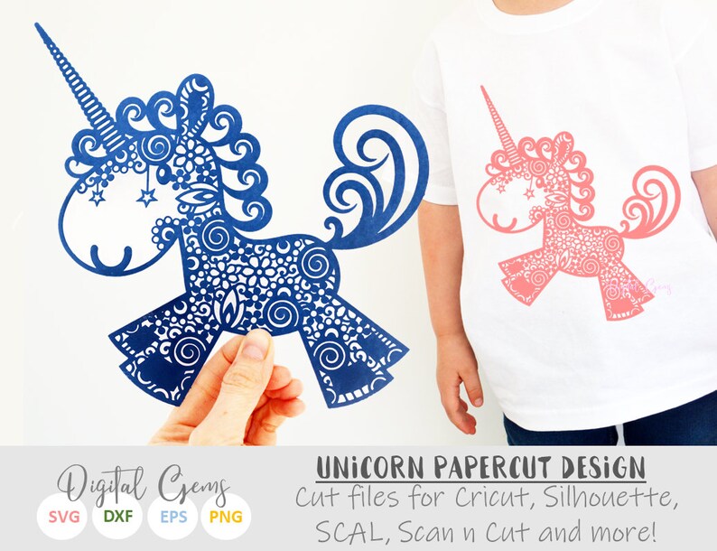 K&ouml;nnte beinhalten: Ein digitales Papier-Schnittmuster eines blauen Einhorns mit filigranen Details. Das Design ist perfekt f&uuml;r die Verwendung mit einer Cricut, Silhouette oder anderen Schneidemaschinen. Das Design beinhaltet SVG-, DXF-, EPS- und PNG-Dateien.