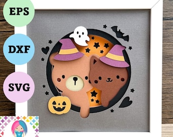 Halloween Bear & Cat Shadow Box SVG: 3D Layered Papercraft (Digital Download)