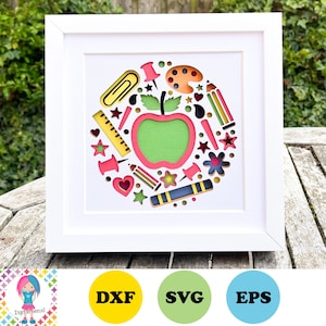 Puede incluir: Un marco blanco con una manzana roja y útiles escolares recortados en el centro. La manzana es verde y tiene un contorno rojo. Los útiles escolares incluyen un lápiz, una regla, un pincel, un clip, un alfiler y una estrella.