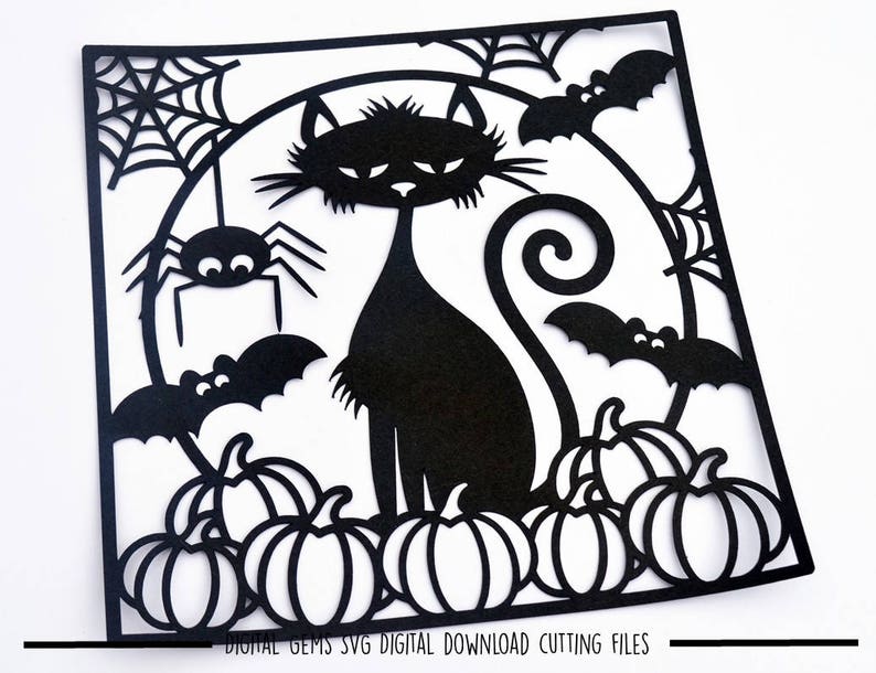 Halloween black cat paper cut svg / dxf / eps / files and pdf / png printable templates for hand cutting. Digital download. image 5