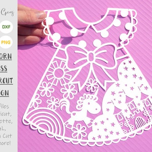 Vestido de unicórnio menina com corte de papel svg / dxf / eps / arquivos e modelos imprimíveis em pdf / png para corte manual. Download. Uso comercial ok