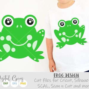 May include: Green frog with white spots and big eyes. The frog is smiling. The image is a digital design for cutting machines like Cricut and Silhouette.