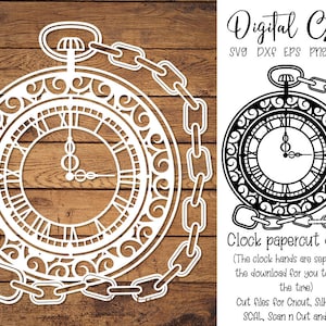 Puede incluir: Diseño de corte de papel blanco de un reloj de bolsillo con números romanos y una cadena. Las manecillas del reloj están separadas para ajustar la hora. La imagen también incluye el texto "Digital Gems" y "Clock papercut design."