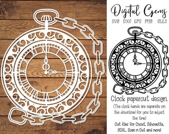 Pocket watch, clock paper cut svg / dxf / eps / png files and pdf / png printable templates for hand cutting. Digital download.