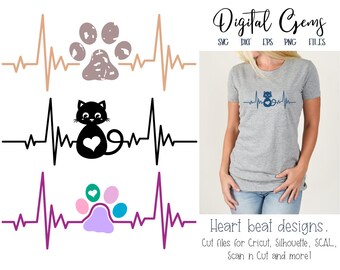 Cat and paw print heart beat designs. svg / dxf / eps / png files. Digital download. Works with Cricut, Silhouette, Scan n Cut, SCAL & more!