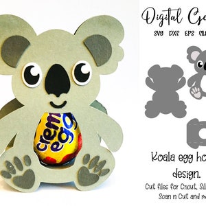 May include: A gray koala-shaped egg holder with a chocolate egg inside. The koala has dark gray accents, large white eyes, and a black nose. The image also includes a koala design and text that reads "Digital Gems" and "Koala egg holder design."