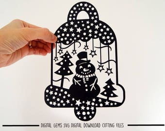 Snowman bell paper cut svg / dxf / eps / files and pdf / png printable templates for hand cutting. Digital download. Small commercial use ok