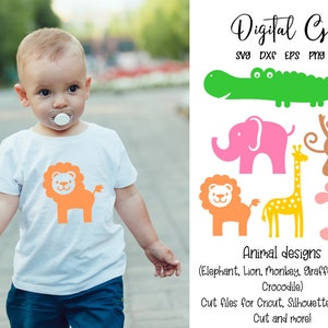 Puede incluir: Una descarga digital de diseños de animales para manualidades. Los diseños incluyen un elefante rosa, una jirafa amarilla, un mono marrón, un león naranja, un conejo rosa y un cocodrilo verde. El texto "Digital Gems" está en la parte superior de la imagen. El texto "Animal designs" está debajo de los animales. El texto "(Elephant, Lion, Monkey, Giraffe, Rabbit Crocodile)" está debajo del texto "Animal designs". El texto "Cut files for Cricut, Silhouette, Scan n Cut and more!" está en la parte inferior de la imagen.