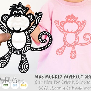 Mrs Monkey paper cut svg / dxf / eps / files and pdf / png printable templates for hand cutting. Digital download. Small commercial use ok.