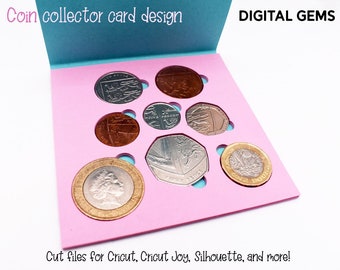 Coin collector card svg. Current UK currency. SVG files. Digital download. Compatible with Cricut, Silhouette, SCAL, Scan n Cut and more!