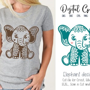 Puede incluir: Un diseño digital de un elefante azul turquesa con patrones de mandala. El elefante tiene ojos grandes y un pequeño corazón en la mejilla. El diseño es perfecto para cortar con una máquina Cricut o Silhouette.