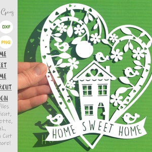 Plantillas para cortar a mano en papel con el texto Hogar dulce hogar en formato svg/dxf/eps/archivos y pdf/png para imprimir. Descarga digital. Uso comercial permitido.
