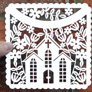 Church paper cut svg / dxf / eps files and pdf / png printable templates for hand cutting. Digital download. Small commercial use ok.