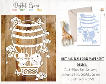 Hot air balloon paper cut svg / dxf / eps / files and pdf / png printable templates for hand cutting. Digital download. Commercial use ok.