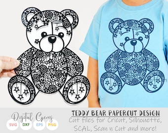 Zentangle Teddy Bear paper cut svg / dxf / eps / files and pdf / png printable templates for hand cutting. Download. Small commercial use ok