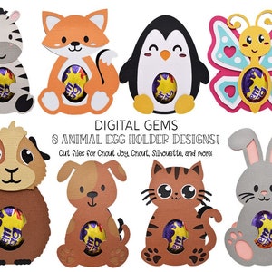 Puede incluir: Ocho archivos de corte digital para crear soportes de huevos de animales. Los diseños incluyen una cebra, un zorro, un pingüino, una mariposa, un conejillo de indias, un perro, un gato y un conejo. Cada diseño presenta un espacio para sostener un huevo de chocolate.
