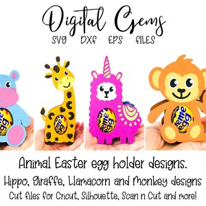 Può includere: Quattro file di taglio digitale per un porta uova di Pasqua. I disegni sono un ippopotamo, una giraffa, un lamacornio e una scimmia. I file sono per Cricut, Silhouette, Scan N Cut, e altro ancora. Il testo "Digital Gems SVG DXF EPS Files" è nella parte superiore dell'immagine.