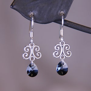Silver scrollwork filigree charm with blue Swarovski crystal earrings