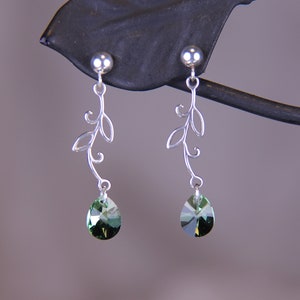 Elegant dangling sterling vine earrings with Peridot Swarovski crystal post earrings