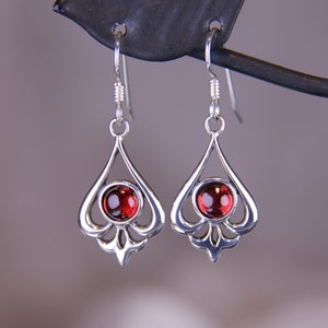 Garnet sterling silver dangle earring, teardrop, January, filigree