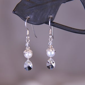 Sterling silver fancy pearl and clear Swarovski crystal dangling earrings