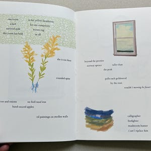 K&ouml;nnte beinhalten: Eine Doppelseite eines Buches mit Illustrationen und Text. Eine Seite zeigt eine Zeichnung von Goldruten und Text. Die gegen&uuml;berliegende Seite zeigt eine Fensterillustration und einen Stapel farbenfroher Pinselstriche mit Text.