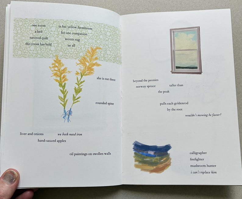 K&ouml;nnte beinhalten: Eine Doppelseite eines Buches mit Illustrationen und Text. Eine Seite zeigt eine Zeichnung von Goldruten und Text. Die gegen&uuml;berliegende Seite zeigt eine Fensterillustration und einen Stapel farbenfroher Pinselstriche mit Text.