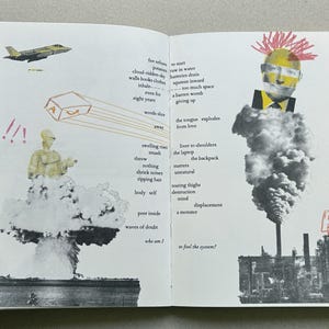 K&ouml;nnte beinhalten: Ein offenes Buch mit Illustrationen und Text. Eine Seite zeigt eine Figur &uuml;ber einer Pilzwolke, ein Flugzeug und Text. Die andere Seite zeigt ein Gesicht mit Irokesenschnitt und eine Fabrik mit "FOR RENT".