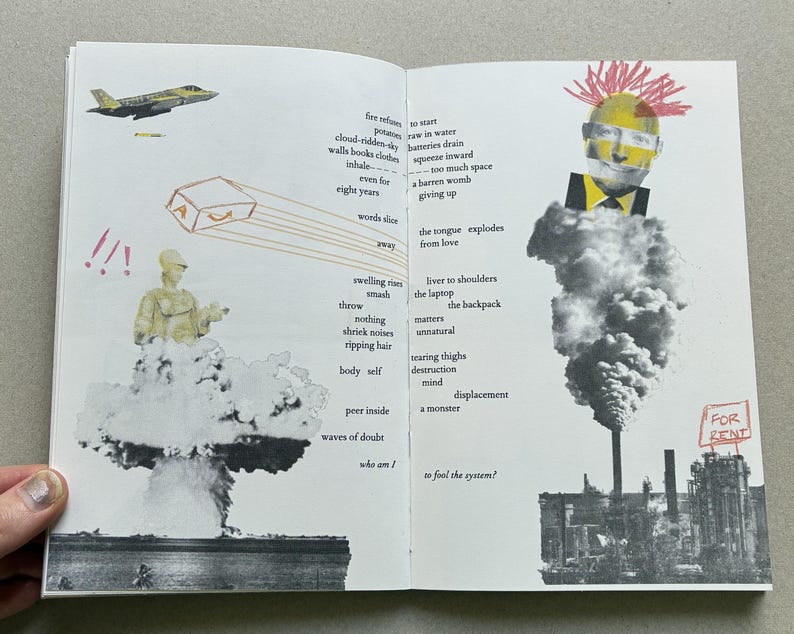 K&ouml;nnte beinhalten: Ein offenes Buch mit Illustrationen und Text. Eine Seite zeigt eine Figur &uuml;ber einer Pilzwolke, ein Flugzeug und Text. Die andere Seite zeigt ein Gesicht mit Irokesenschnitt und eine Fabrik mit "FOR RENT".