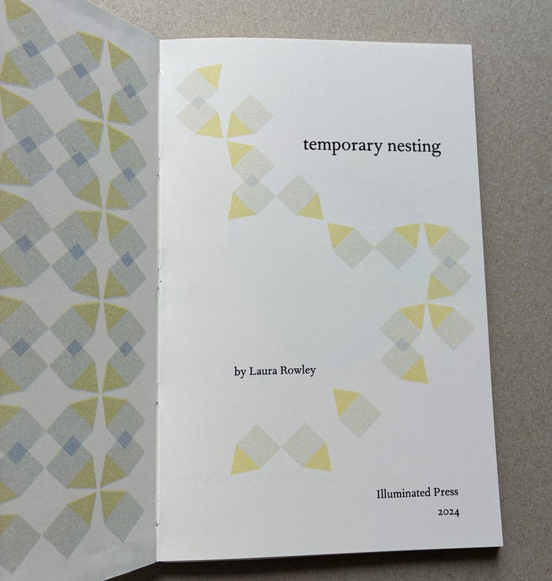 K&ouml;nnte beinhalten: Aufgeschlagenes Buch mit dem Titel "temporary nesting" von Laura Rowley. Das Cover zeigt geometrische Muster in Gelb, Grau und Blau. Herausgegeben von Illuminated Press, Jahr 2024.