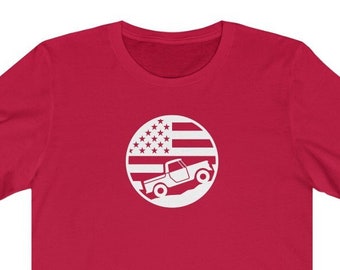 Scout 80/800 half cab climbing US flag - jersey short sleeve graphic tee - Birthday gift, International Harvester, Patriotic